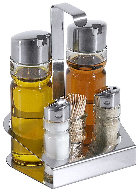 Tescoma Öl-Essig-Salz-Pfeffer-Zahnstocher Menage Set Essig Ölspender Gastro Set 